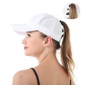 FASHIXD Ponytail Baseball Cap for Women Mesh Quick Dry Baseball Hat with Ponytail Hole (White)