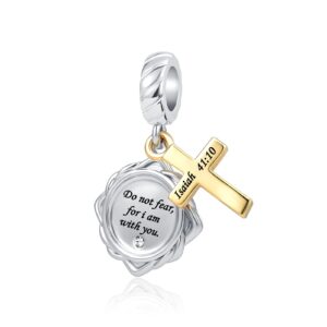 QeenseKc Religious Cross Dangle Charm Bible Verse Quote Isaiah 41:10 Scripture Gold Bead for Pandora Bracelet, Aut-54_Bible_Isaiah