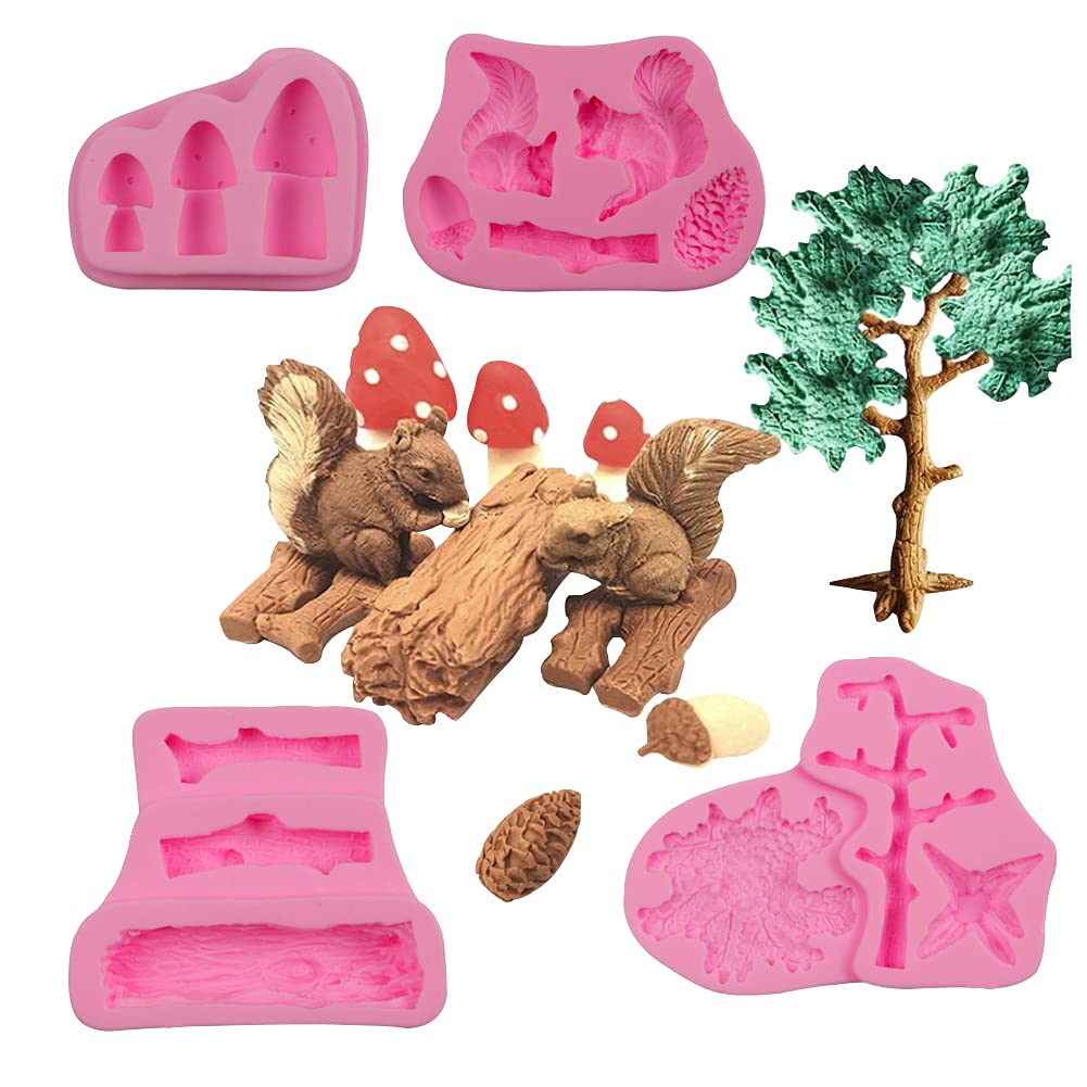 ZQWE 4pcs Forest Squirrel Stump Mushroom Pine Cone Cake Mold DIY Fondant Chocolate Bread Baking Pan Ice Cube Coffee 3D Molds, Pink