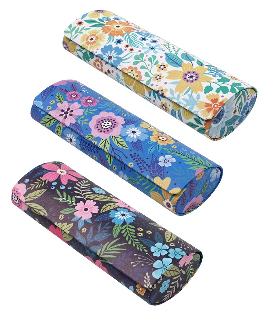 JAVOedge [3 PACK] Floral Pattern Long Oval Hard Eyeglass Case with Magnetic Enclosure - Style C