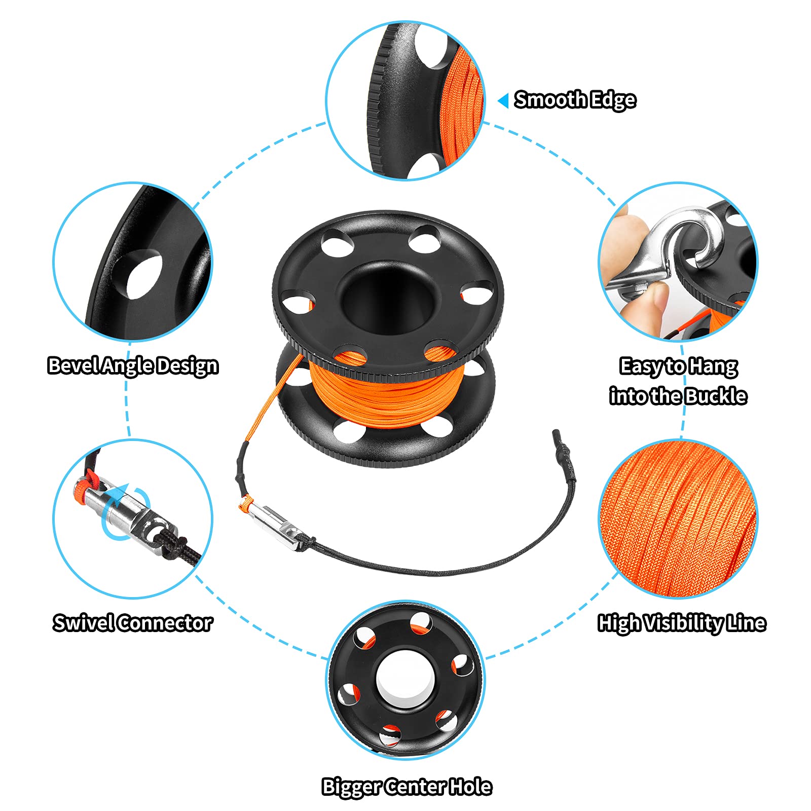 100FT Scuba Diving Reel, Aluminum Alloy Large Scuba Spool Finger Reel with Double-Ended Bolt Snap Clip for Underwater Scuba Diving Snorkeling Spearfishing (Orange Line Black Reel)