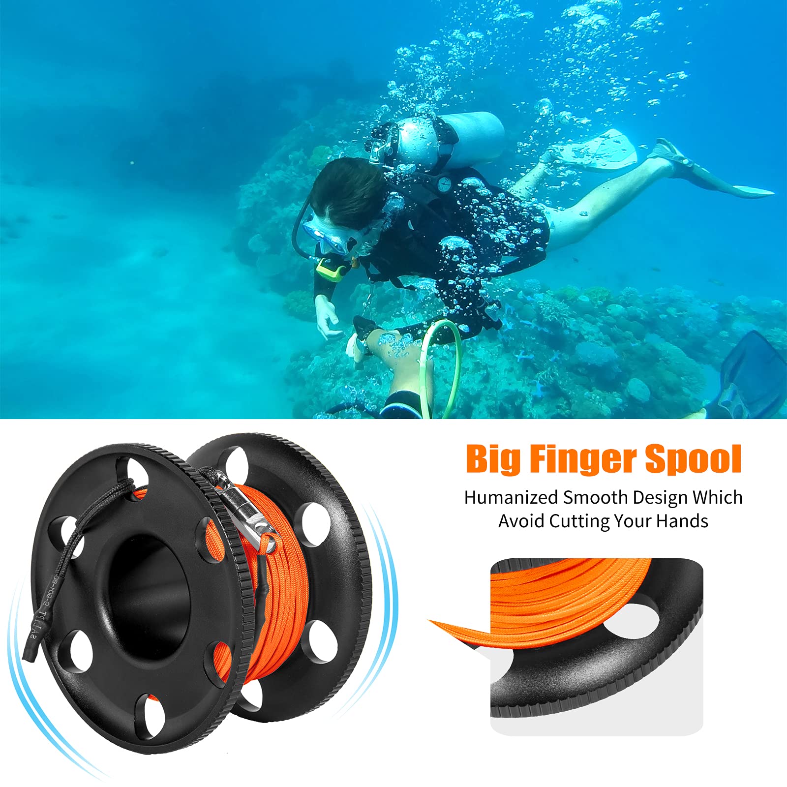 100FT Scuba Diving Reel, Aluminum Alloy Large Scuba Spool Finger Reel with Double-Ended Bolt Snap Clip for Underwater Scuba Diving Snorkeling Spearfishing (Orange Line Black Reel)