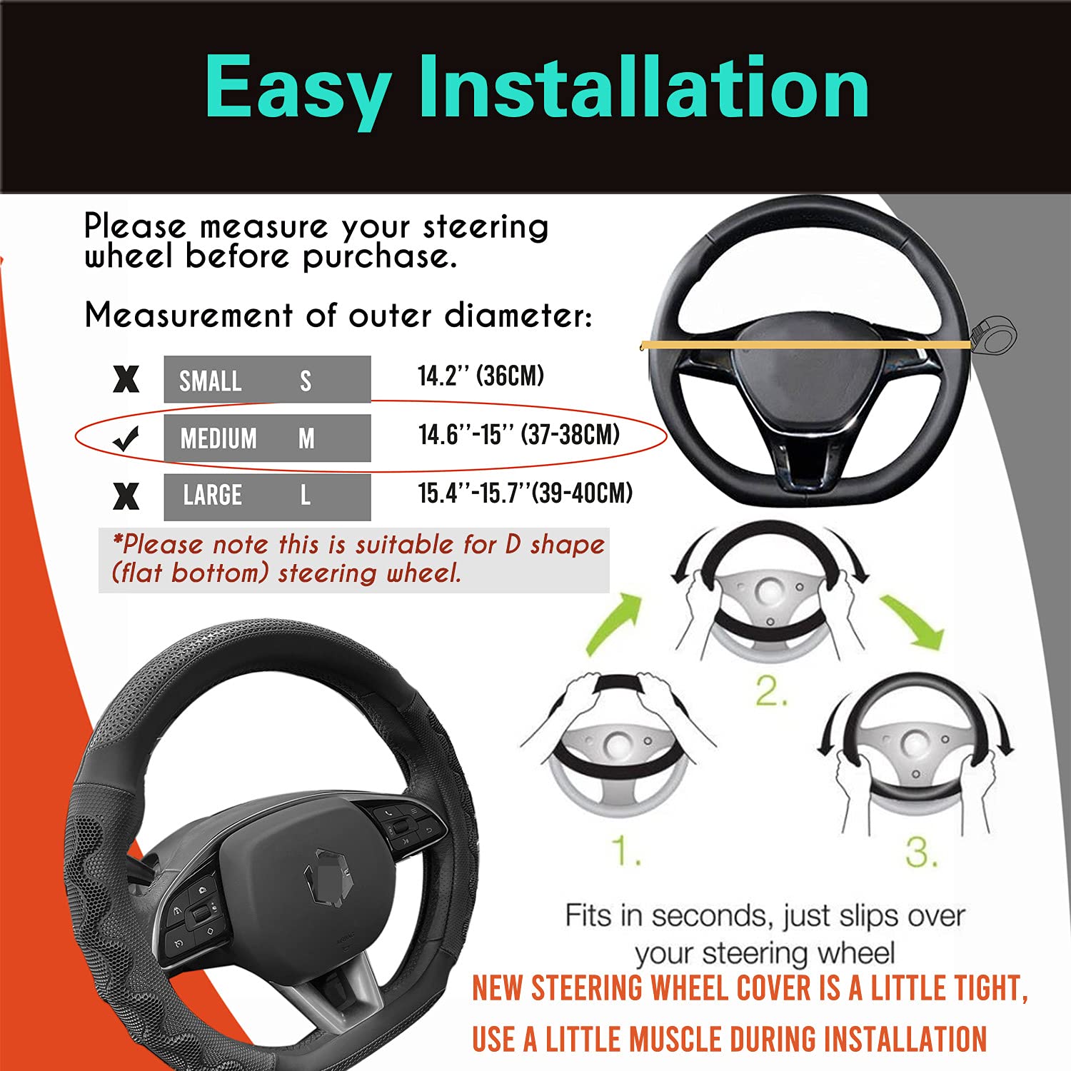 PINCTROT D Shaped 14.5-15 Inch Steering Wheel Cover Great Grip with 3D Honeycomb Anti-Slip Design, Flat Bottom 14.5-15 Inch (All Black)