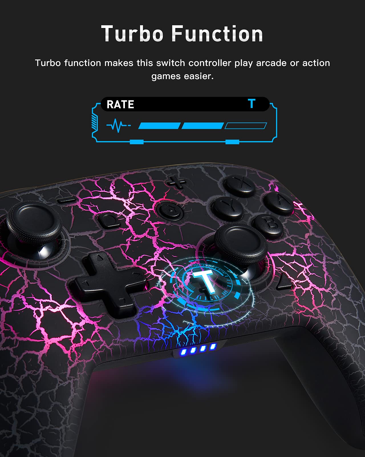 Switch Controller, Wireless Switch Pro Controller for Switch/Switch Lite/Switch OLED, 8 Colors Adjustable LED Wireless Remote Gamepad with Unique Crack/Turbo/Motion Control (Black)