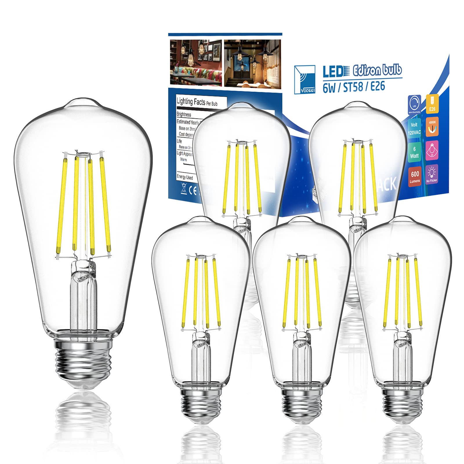 VOOSEI Daylight Bulbs 4000K LED E26 60W, 6W Equivalent to 60W Edison High Brightness ST58 Antique Non-Dimmable Filament Bulbs Clear Glass Pack of 6