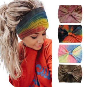 Gangel Tie Dye Headbands Wide Turban Knotted Head Wraps Boho Hair Scarf Yoga Hair Accessories for Women (Pack of 4) (Type A)