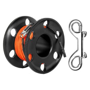 100FT Scuba Diving Reel, Aluminum Alloy Large Scuba Spool Finger Reel with Double-Ended Bolt Snap Clip for Underwater Scuba Diving Snorkeling Spearfishing (Orange Line Black Reel)