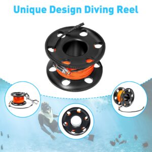 100FT Scuba Diving Reel, Aluminum Alloy Large Scuba Spool Finger Reel with Double-Ended Bolt Snap Clip for Underwater Scuba Diving Snorkeling Spearfishing (Orange Line Black Reel)