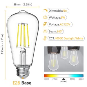 VOOSEI Daylight Bulbs 4000K LED E26 60W, 6W Equivalent to 60W Edison High Brightness ST58 Antique Non-Dimmable Filament Bulbs Clear Glass Pack of 6