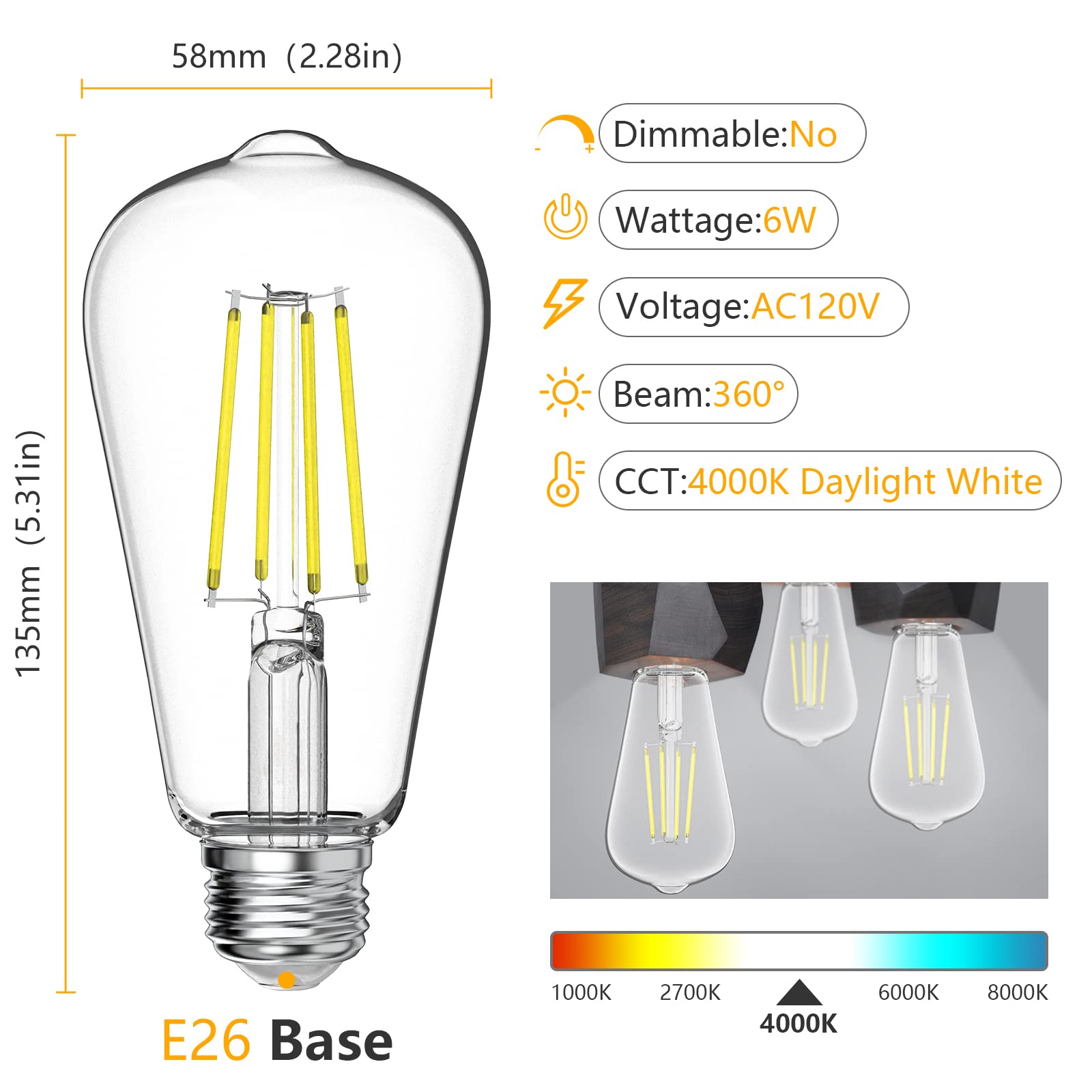 VOOSEI Daylight Bulbs 4000K LED E26 60W, 6W Equivalent to 60W Edison High Brightness ST58 Antique Non-Dimmable Filament Bulbs Clear Glass Pack of 6