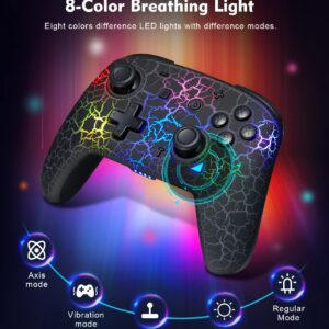 Switch Controller, Wireless Switch Pro Controller for Switch/Switch Lite/Switch OLED, 8 Colors Adjustable LED Wireless Remote Gamepad with Unique Crack/Turbo/Motion Control (Black)