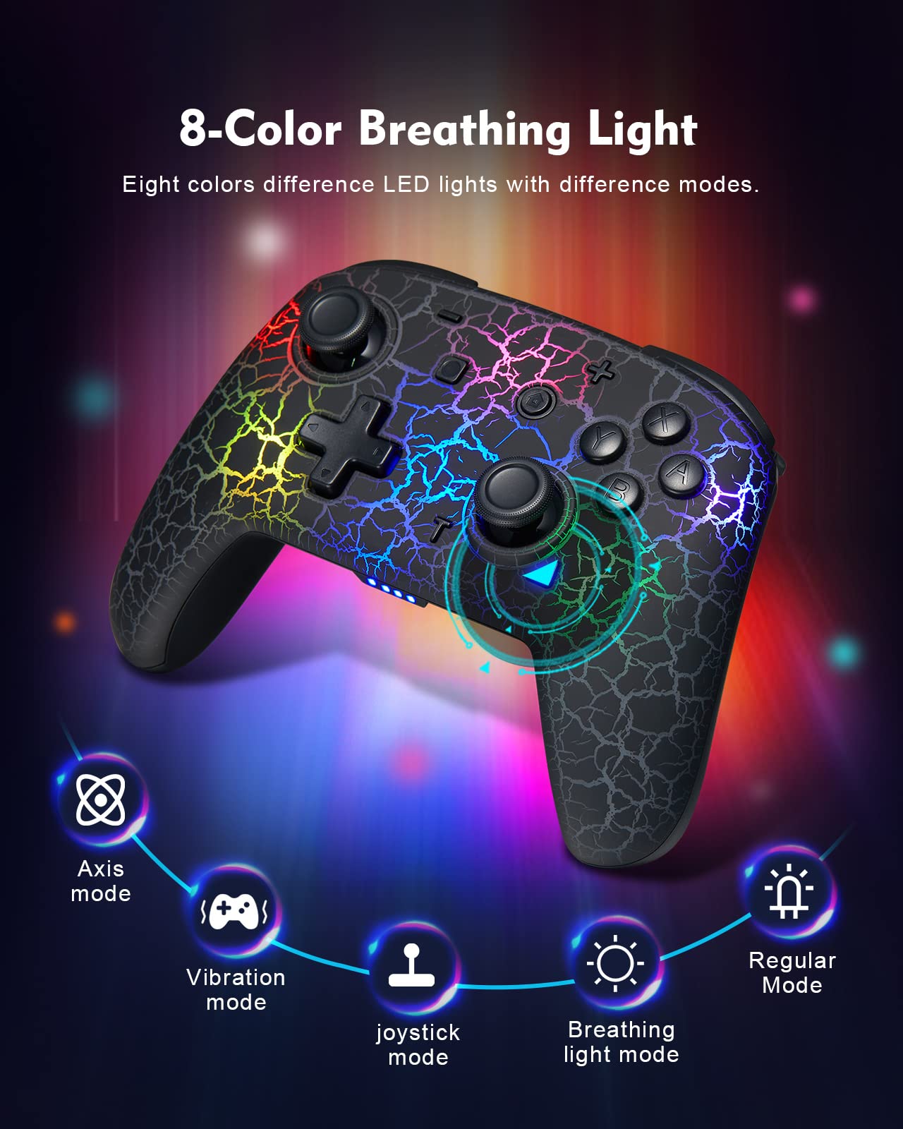 Switch Controller, Wireless Switch Pro Controller for Switch/Switch Lite/Switch OLED, 8 Colors Adjustable LED Wireless Remote Gamepad with Unique Crack/Turbo/Motion Control (Black)