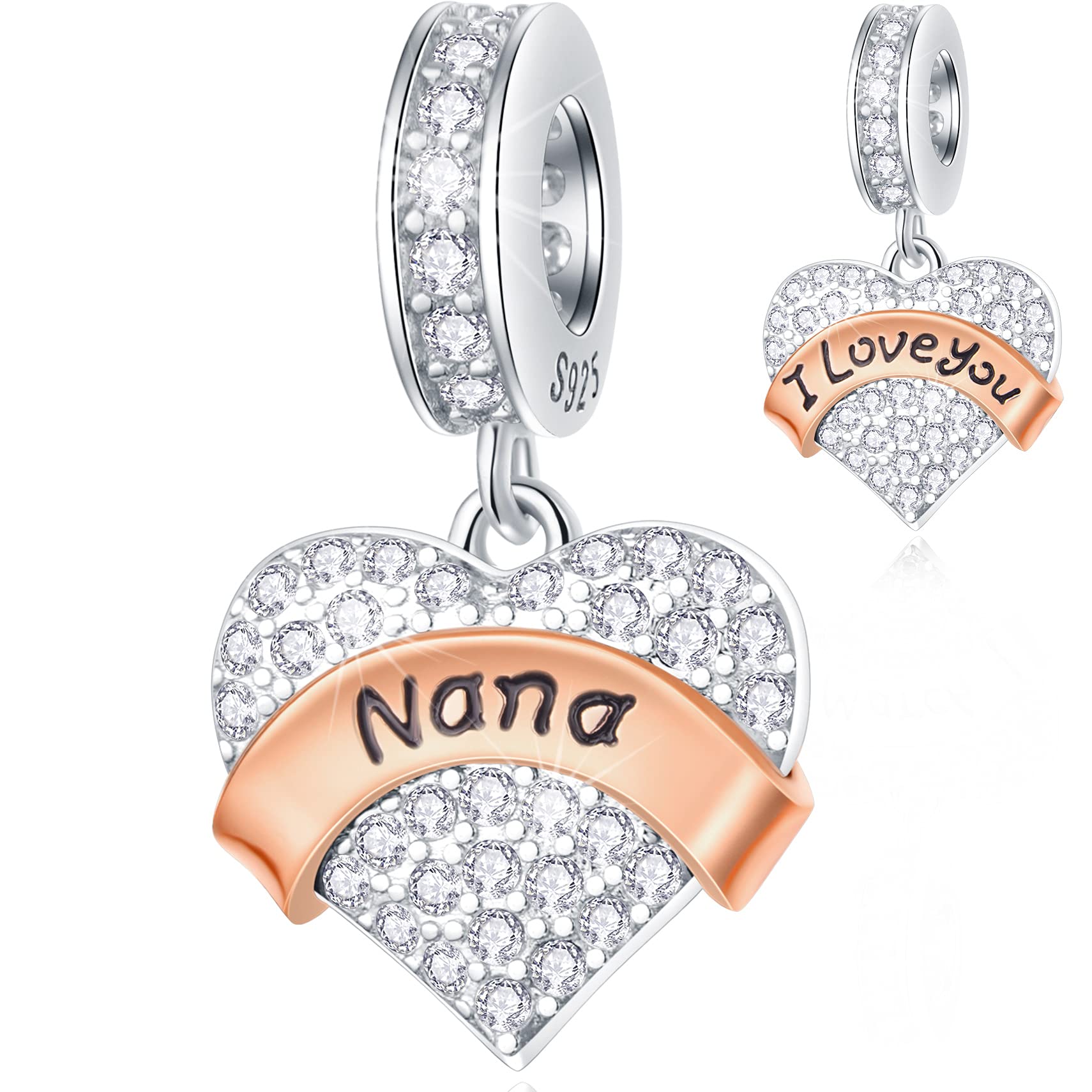 Nana Heart Dangle Charms, I Love You Nonna Charms Pave CZ Grandmother Pendant in 925 Sterling Silver, fits Pandora Bracelet Necklace, Gifts for Nanny/Grandma/Christmas