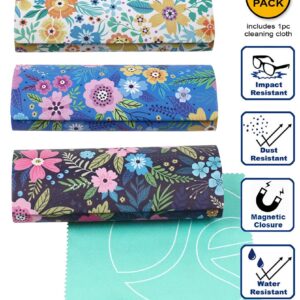 JAVOedge [3 PACK] Floral Pattern Long Oval Hard Eyeglass Case with Magnetic Enclosure - Style C