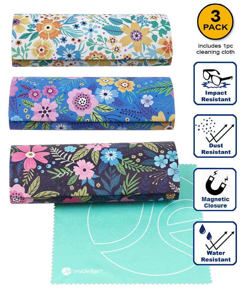 JAVOedge [3 PACK] Floral Pattern Long Oval Hard Eyeglass Case with Magnetic Enclosure - Style C