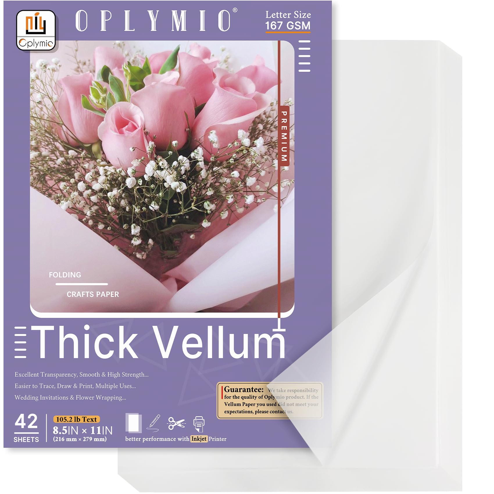 Thick Translucent Vellum Paper, Oplymio 42 Sheets 167GSM Printable Tracing Vellum Paper for Invitations, Envelopes, Heat Embossing, Belly Bands(8.5 x 11 Inches)