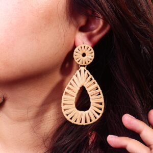 Boho Raffia Earrings Statement Teardrop Earrings Drop Dangle Bohemian Earrings for Women Cute Handmade Earring(Wheat)