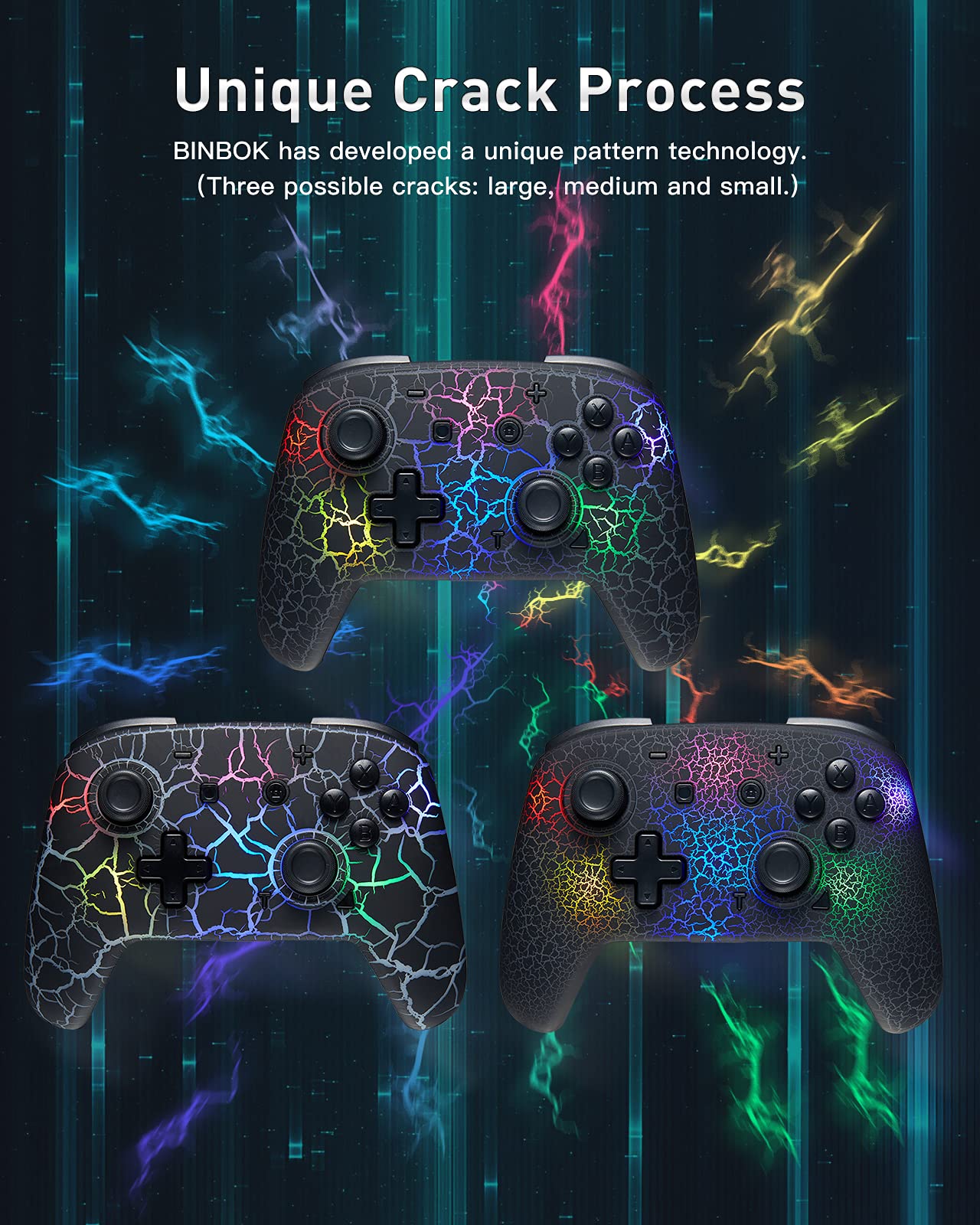 Switch Controller, Wireless Switch Pro Controller for Switch/Switch Lite/Switch OLED, 8 Colors Adjustable LED Wireless Remote Gamepad with Unique Crack/Turbo/Motion Control (Black)