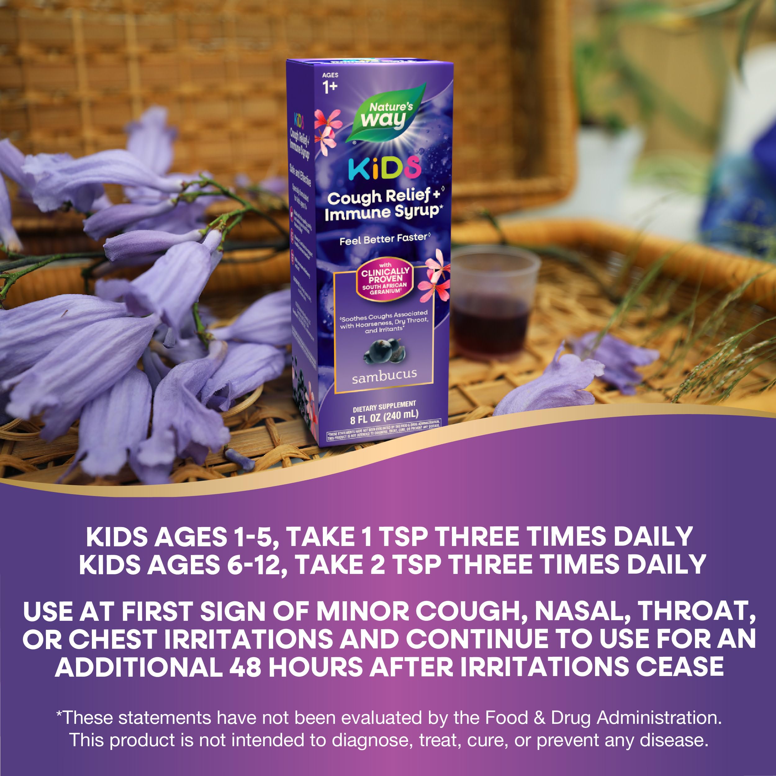 Nature’s Way Sambucus Kids Cough Relief +** Immune Syrup*, Feel Better Faster**, Clinically Proven South African Geranium, with Elderberry Extract, Vitamin C & Zinc, 8 Oz (Packaging May Vary)