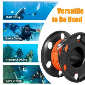 100FT Scuba Diving Reel, Aluminum Alloy Large Scuba Spool Finger Reel with Double-Ended Bolt Snap Clip for Underwater Scuba Diving Snorkeling Spearfishing (Orange Line Black Reel)