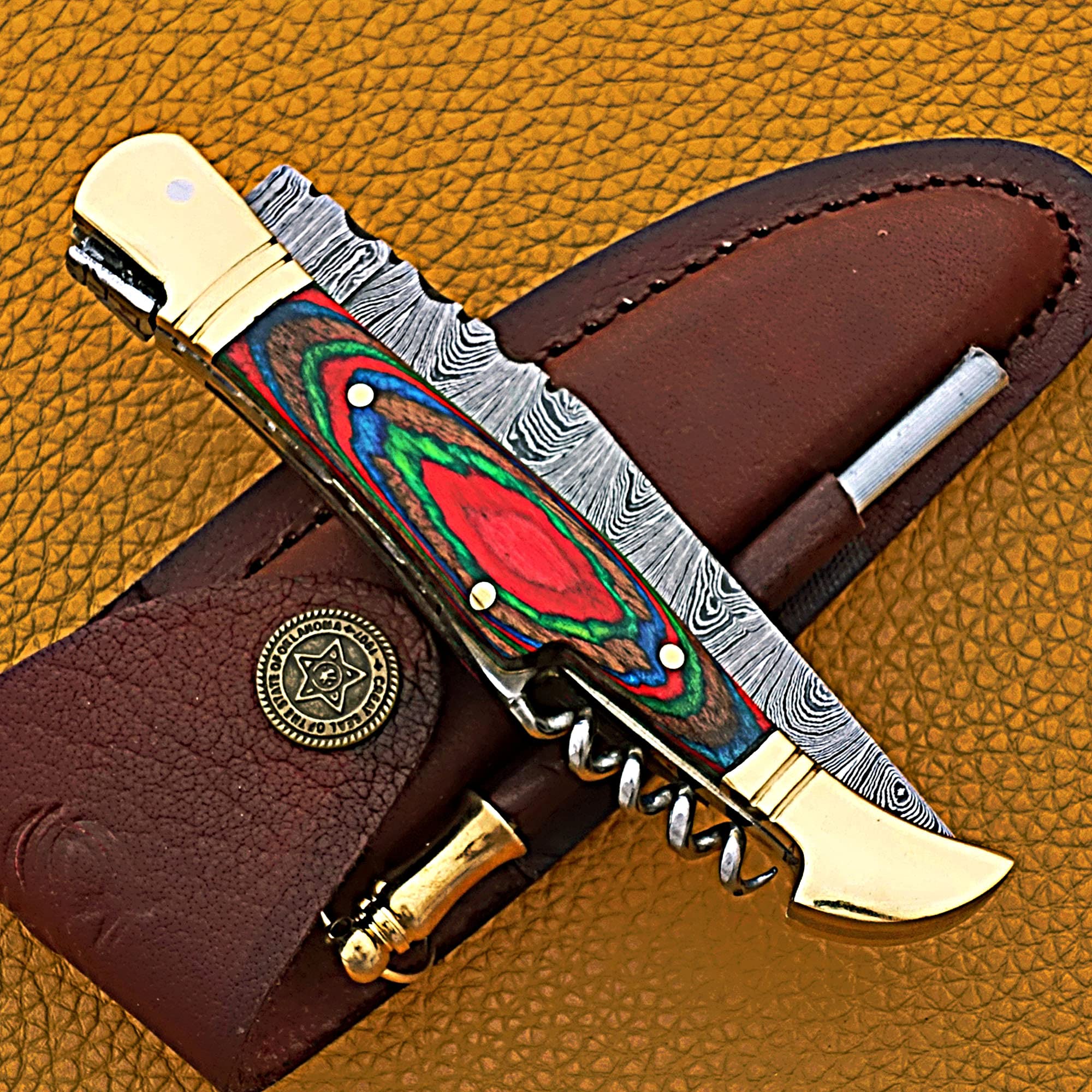 Smart & Sharp Custom Handmade Damascus Steel Folding Knife Pocket Knife AR17418Multi Colored wood Multi