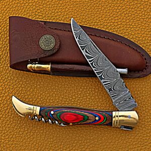 Smart & Sharp Custom Handmade Damascus Steel Folding Knife Pocket Knife AR17418Multi Colored wood Multi