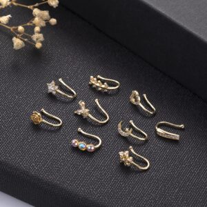 YOVORO 9Pcs Fake Nose Rings Hoop for Women Faux Cartilage Tragus Ring Nose Cuff Non Piercing Jewelry Set G