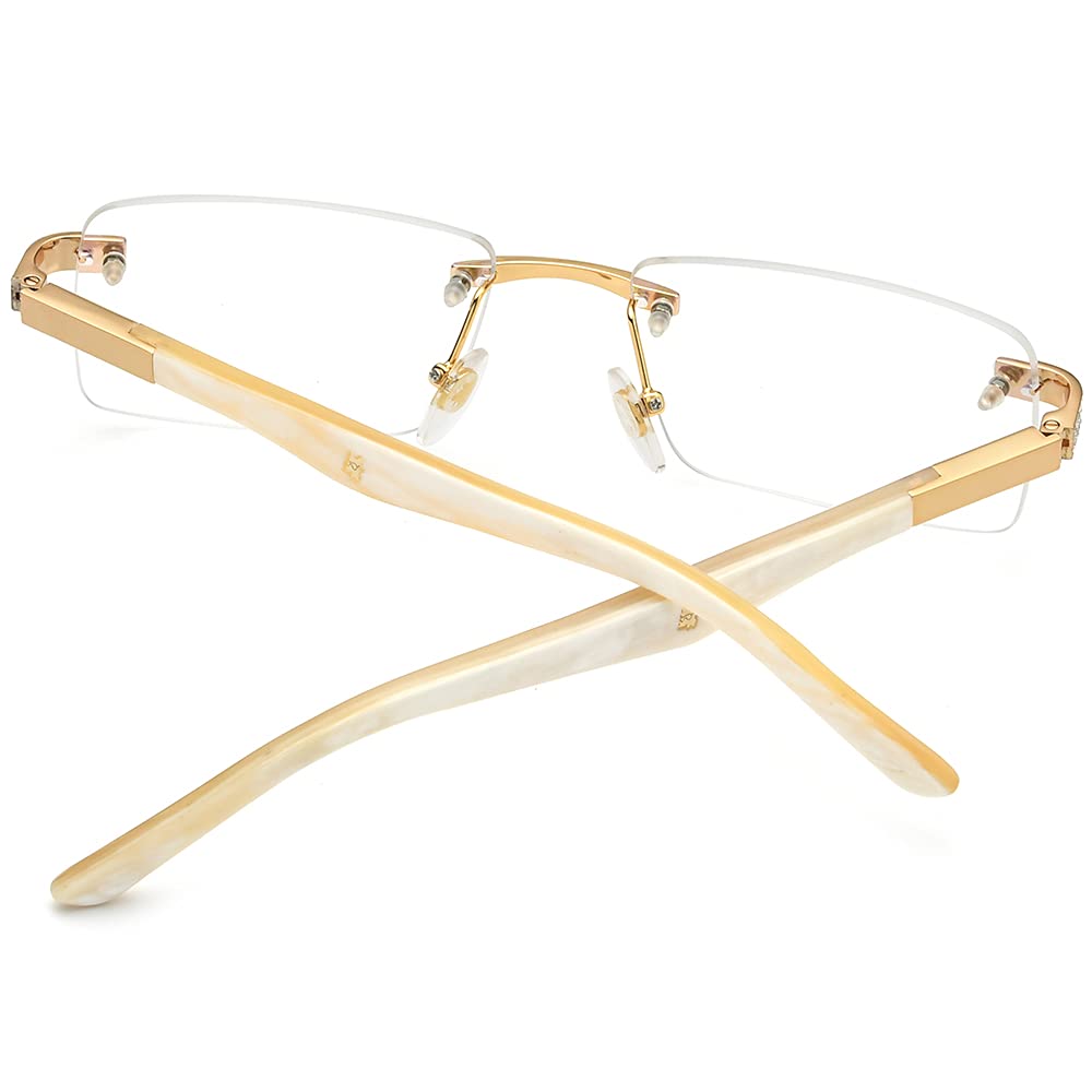 HEPIDEM 100% Really Buffalo Horn Glasses,Square Rimless Luxury Buffs Eyeglasses With Diamonds (White 0023)