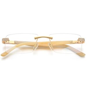 HEPIDEM 100% Really Buffalo Horn Glasses,Square Rimless Luxury Buffs Eyeglasses With Diamonds (White 0023)