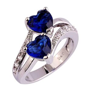 YJYdadaS Double Love Heart Women Ring, Fashion Female Zircon Ring Love Heart Rainbow & White Gemstone Ring Jewelry, US Size 6 7 8 9 10 11 12 (Dark Blue, US-12)