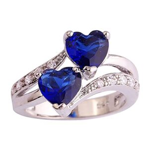 YJYdadaS Double Love Heart Women Ring, Fashion Female Zircon Ring Love Heart Rainbow & White Gemstone Ring Jewelry, US Size 6 7 8 9 10 11 12 (Dark Blue, US-12)