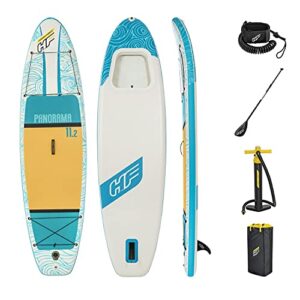 bestway hydro-force panorama inflatable stand-up paddleboard set with see-through window (11’2” x 35” x 6”) | includes paddle, hand pump, backpack, leash, fin, repair patch kit