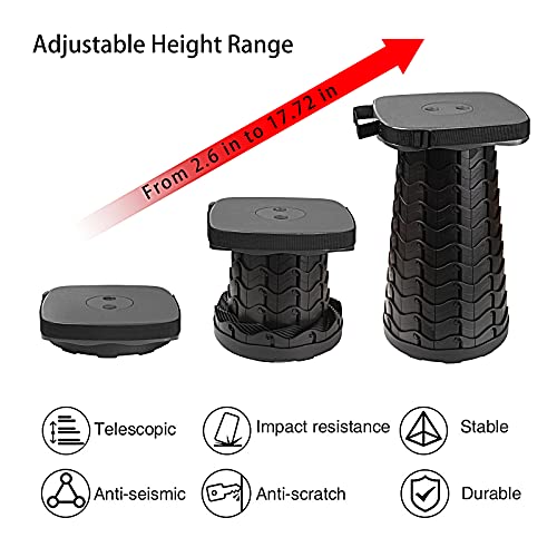 Hesanzol Square Telescopic Stool Portable Retractable Folding Stool Lightweight and More Sturdy Collapsible Stool for Adults Indoor Outdoor Load Capacity 500lbs (Square-Black)