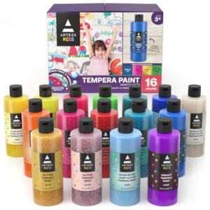 ARTEZA 16 Kids Tempera Paint Set, 13.5 oz/400 ml, Non-Toxic Washable Tempera Paint Bottles, Kids Art Supplies