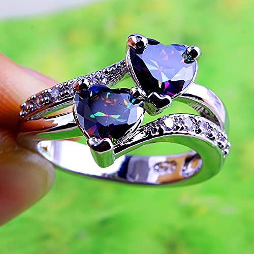 YJYdadaS Double Love Heart Women Ring, Fashion Female Zircon Ring Love Heart Rainbow & White Gemstone Ring Jewelry, US Size 6 7 8 9 10 11 12 (Dark Blue, US-12)