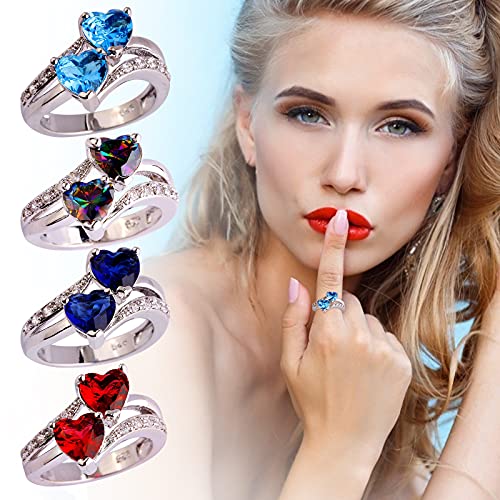 YJYdadaS Double Love Heart Women Ring, Fashion Female Zircon Ring Love Heart Rainbow & White Gemstone Ring Jewelry, US Size 6 7 8 9 10 11 12 (Dark Blue, US-12)