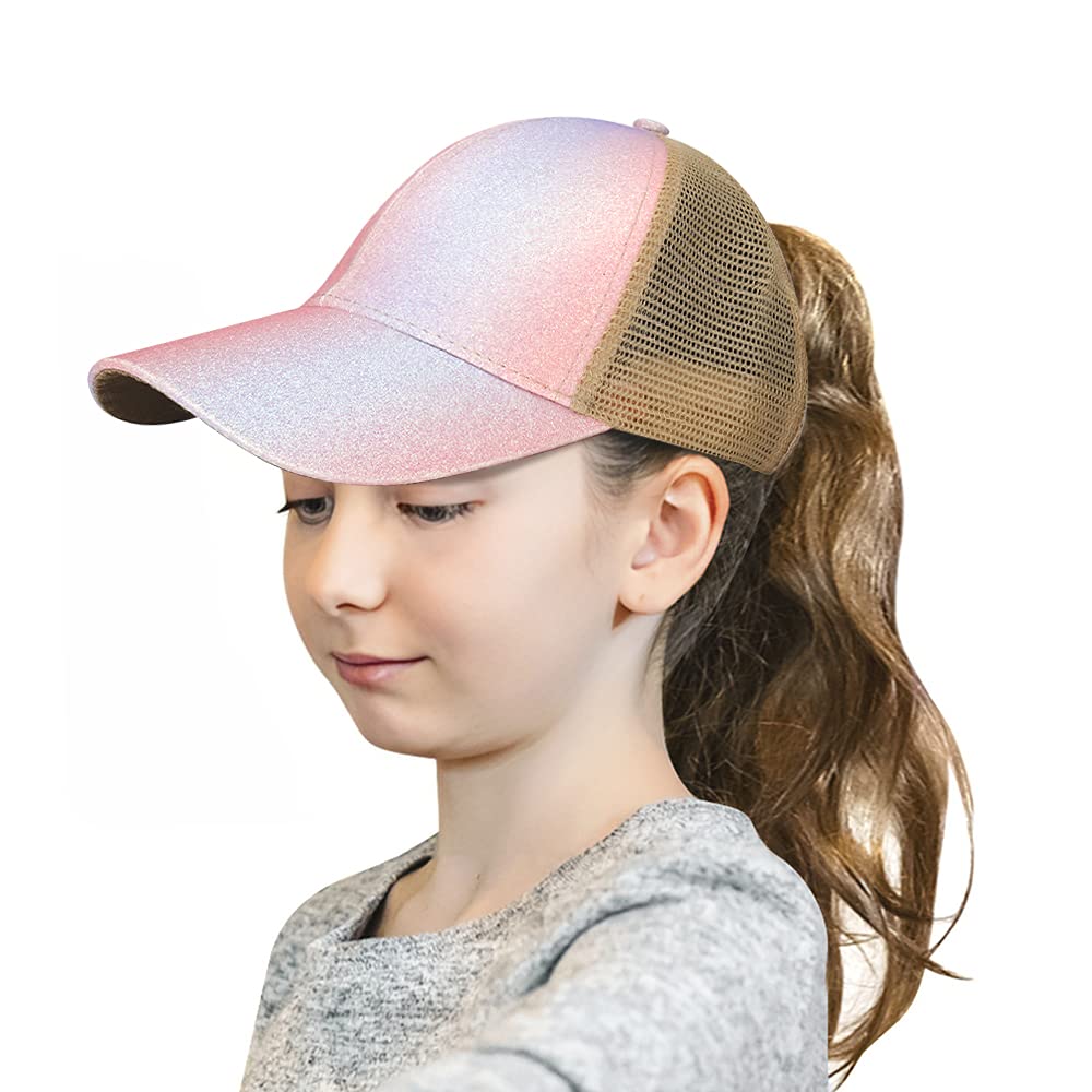 Glitter Distressed Mesh Girls Criss Cross Ponytail Hat for Kids High Messy Bun Ponycap…