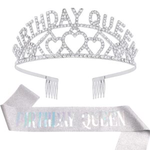 AOPRIE Birthday Tiara for Women Silver Birthday Queen Sash & Headband Happy Birthday Tiara and Crown for Women Rhinestone Crystal Decor