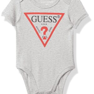 GUESS Unisex Organic cotton jersey screen print logo short sleeve bodysuit, Light Stone Heather, 6/9M