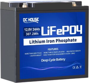 dc house 12v 24ah lithium battery, 24ah lifepo4 deep cycle battery, 3000+ cycles, built-in smart bms, perfect for fish finder, scooter, trolling motor, lighting, kids ride on car