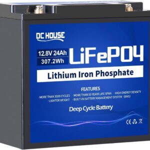 DC HOUSE 12V 24Ah Lithium Battery, 24Ah LiFePO4 Deep Cycle Battery, 3000+ Cycles, Built-in Smart BMS, Perfect for Fish Finder, Scooter, Trolling Motor, Lighting, Kids Ride on Car