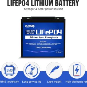 DC HOUSE 12V 24Ah Lithium Battery, 24Ah LiFePO4 Deep Cycle Battery, 3000+ Cycles, Built-in Smart BMS, Perfect for Fish Finder, Scooter, Trolling Motor, Lighting, Kids Ride on Car