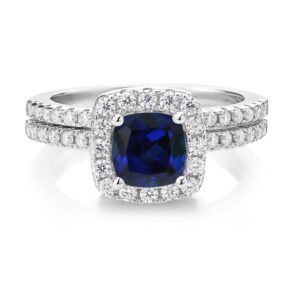 Gem Stone King 925 Sterling Silver Blue Created Sapphire and Moissanite Wedding Engagement Ring Band Bridal Set For Women (1.52 Cttw, Cushion 6MM, Available in size 5, 6, 7, 8, 9)