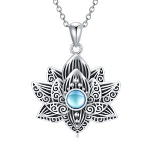 YAFEINI Buddha Lotus Necklace Sterling Silver Moonstone Lotus Flower Pendant Yoga Spiritual Jewelry Gifts for Women