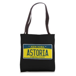 astoria queens ny new york neighborhood license plate tote bag