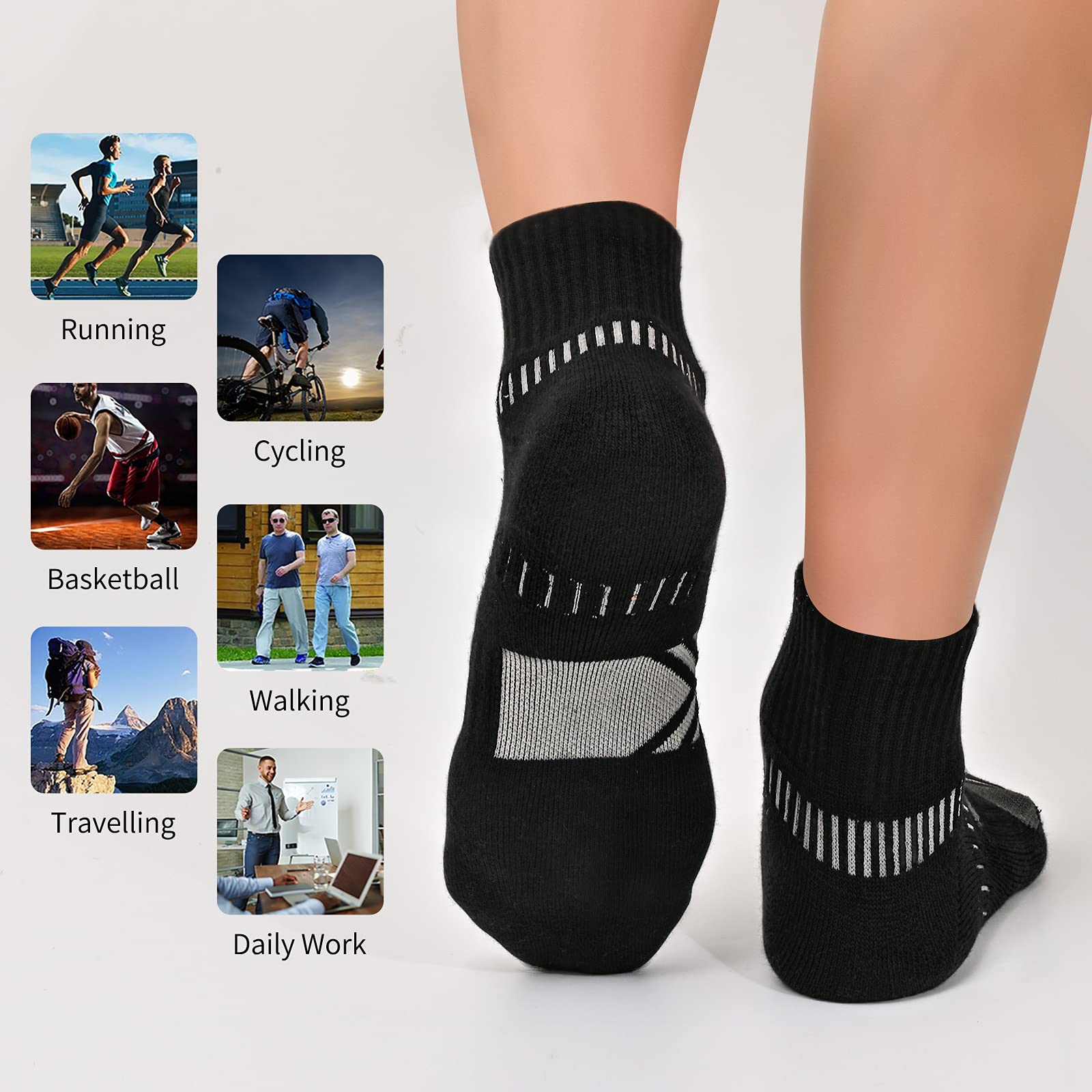 COOPLUS Men's Cotton Athletic Ankle Socks Performance Cushioned Quarter Moisture Wicking Sock - 6 Pairs