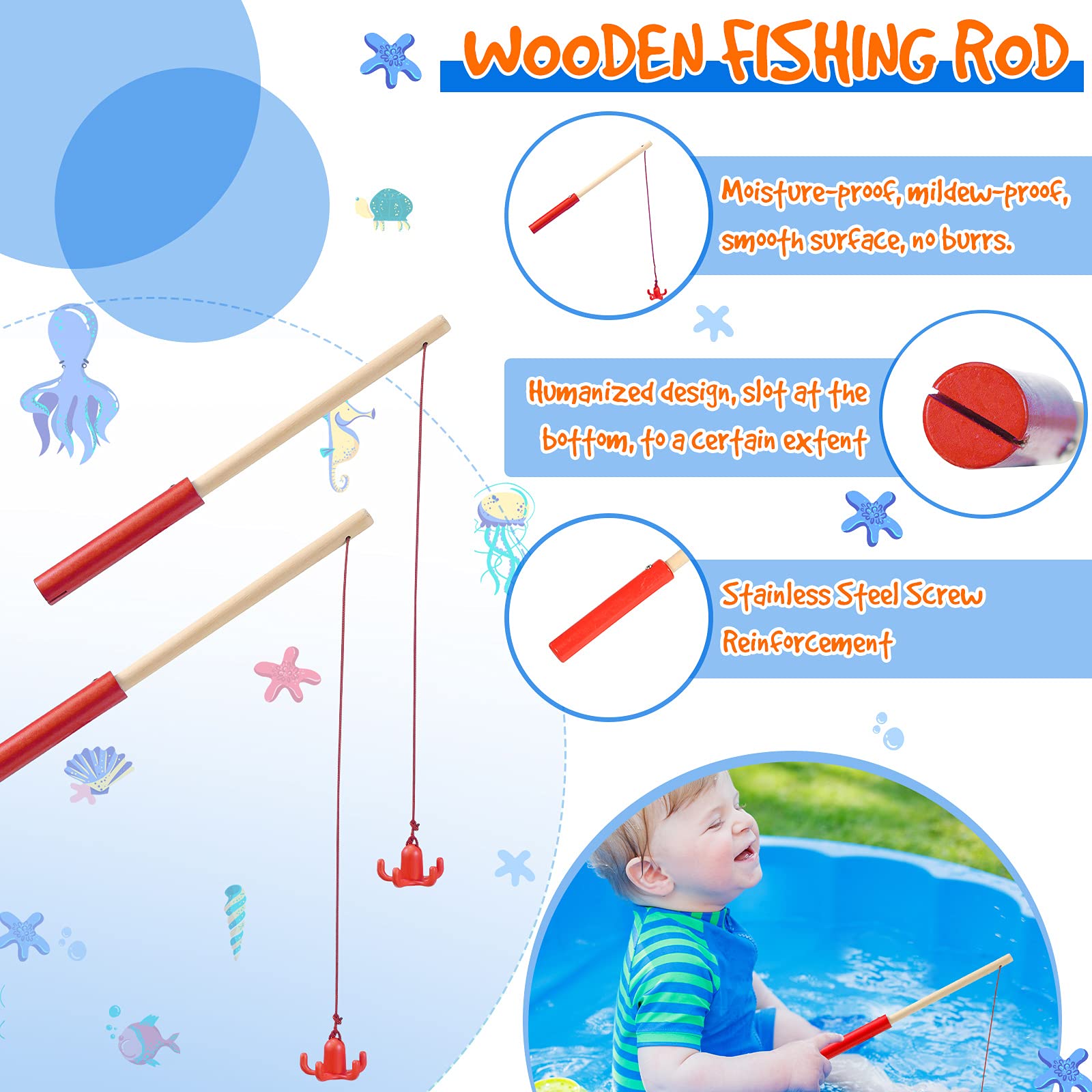 Juinipe 4 Pieces Magnetic Fishing Poles Wooden Magnet Fishing Rods Magnetic Fishing Games for Wooden Magnetic Fishing Games for Kindergarten Preschool Boys Girls