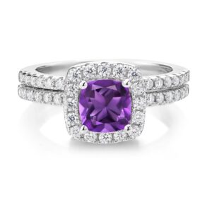 Gem Stone King 925 Sterling Silver Purple Amethyst and White Moissanite Wedding Engagement Ring Band Bridal Set For Women (1.49 Cttw, Cushion 6MM, Available In Size 5, 6, 7, 8, 9)