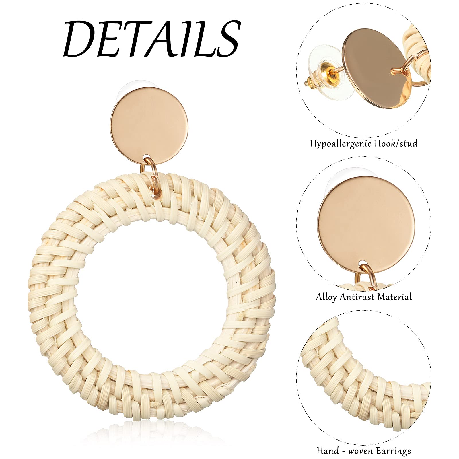 Hicarer 6 Pair Rattan Earrings Summer Straw Earrings for Women Tassel Woven Bohemian Earring Wicker Braid Hoop Drop Earring for Girls(Charming Series)