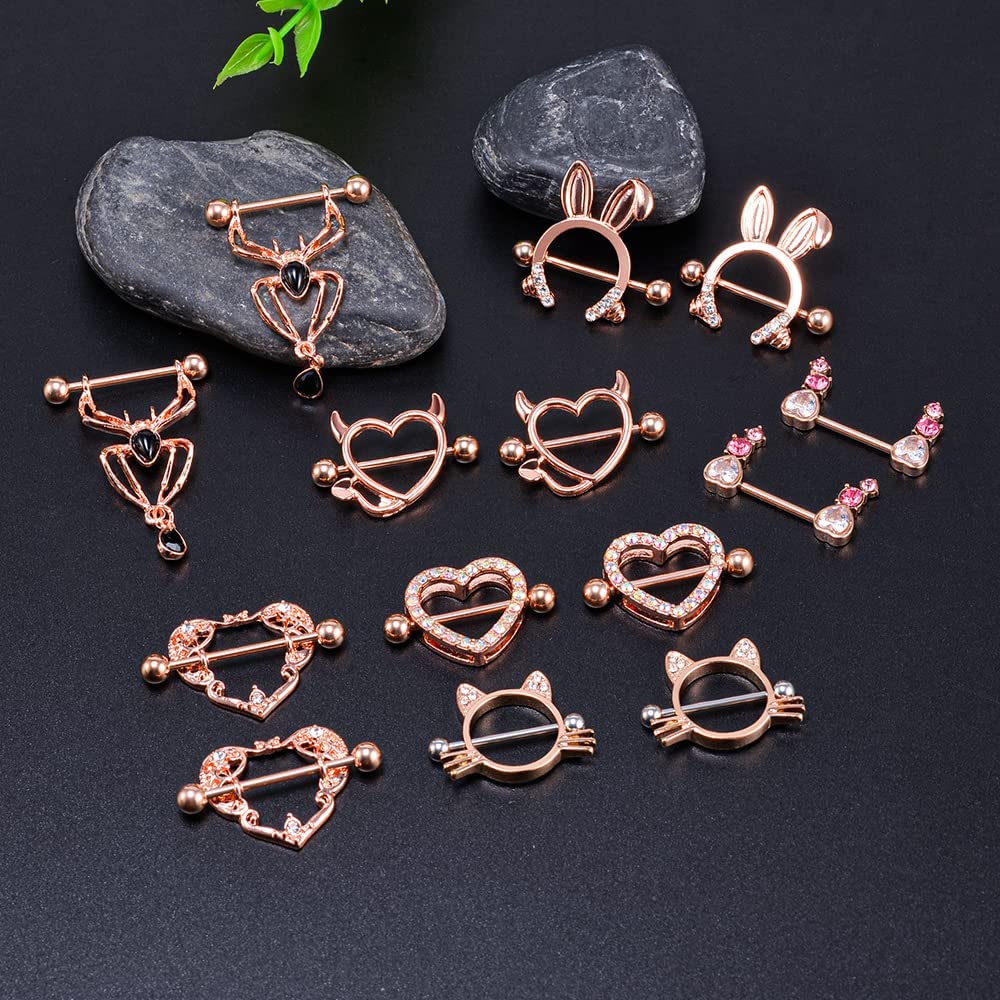 WASOLIE 7Pairs Cute Stainless Steel Nipple Rings Barbell Piercing Nipple Tongue Rings 14G